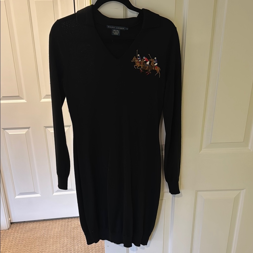 Ralph Lauren Black Polo Embroidered V-Neck Sweater Dress